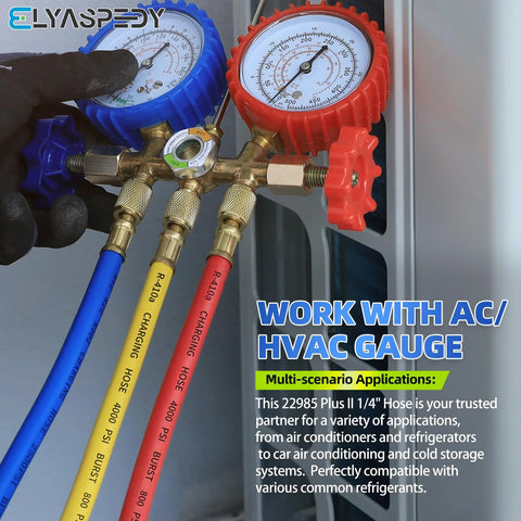 HVAC manifold hose set with three 72-inch low-loss refrigerant hoses (blue, yellow, red) and brass gauge manifold.