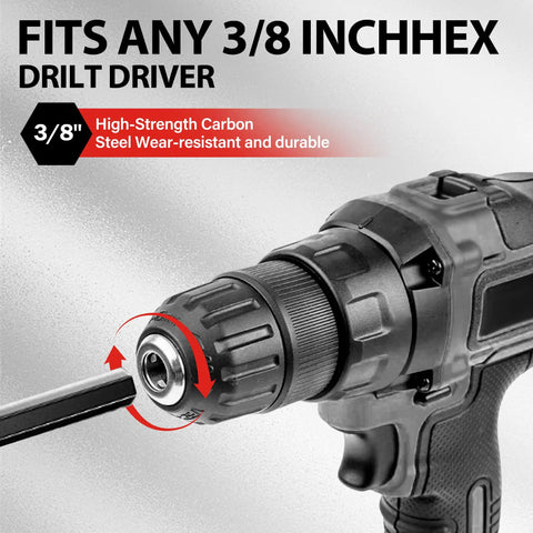 Garden Auger Drill Bit Set 4 Piece Heavy Duty Ground Earth Spiral Bulb Planter For Post Hole Digger Digging In Soil Fit 3/8" Hex Drive Drill shown fitting into a drill