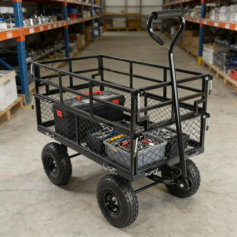 Heavy Duty Steel Dump Cart With 600 Lb Capacity Utility Wagon And Inflatable Ten Inch Tires for yard work in warehouse