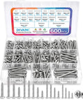 Stainless Steel Wood Screws Assortment Kit With 600 Piece Set Featuring 18 Sizes From Three Eighths Inch To Two Inches Phillips Pan Head Self Tapping Screws For Woodworking And Home DIY Projects Silver Finish in labeled storage case