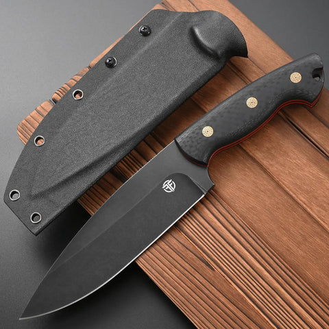 Fixed Blade Knife With AUS-10 Steel, Black Carbon Fiber Handle, Full Tang, And Sheath For Outdoor Camping And Hunting.