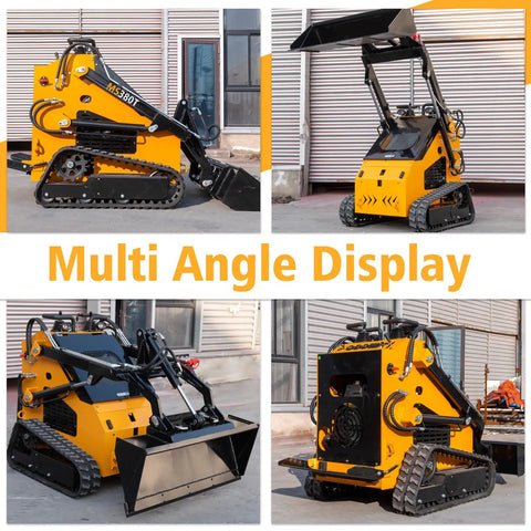 Multi-angle view of Mini Triangular Track Skid Steer Loader With 23HP Gas Engine And 46 Inch Bucket Stand On Crawler Machine