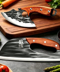 Two Piece Meat Cleaver Knife Set For Easy Meat And Veggie Chopping, Sharp Carbon Steel Cleavers With Leather Sheath on cutting board
