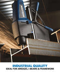 Installed view of Evolution magnetic drill press drilling into a steel I-beam; blue housing with depth scale