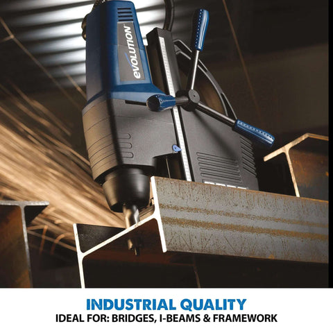 Installed view of Evolution magnetic drill press drilling into a steel I-beam; blue housing with depth scale