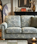 Sofa with floral pattern and 2 Inch Unfinished Round Furniture Legs Set Of 4 Natural Solid Wood Bun Feet, elegant living room.