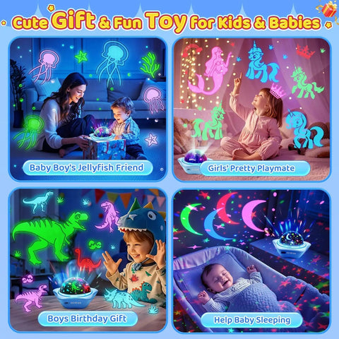 Star Projector Night Light For Kids With 6 Films And 78 Lighting Modes Rechargeable Ceiling Projector showing colorful designs
