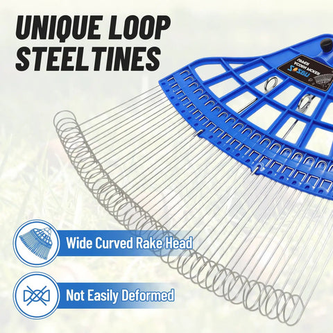 Acorn Gatherer Pro Fast Lawn Cleanup Tool with loop steel tines, blue head, flexible spring, and adjustable handle for yard work.
