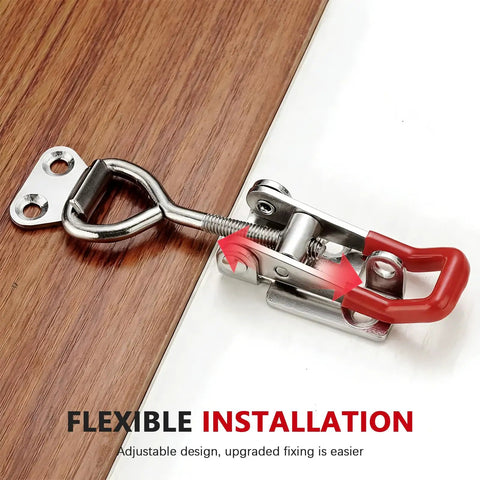 Two Pack 4001 Toggle Latch Clamp With Lock Hole In 304 Stainless Steel Adjustable Draw Latch Holds 330 Lbs Heavy Duty And Includes Ten Screws For Tool Box Trunk Cupboard Door Garage DIY Projects showing clamp on wood