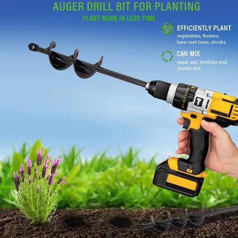 Auger drill bit attached to a power drill, used for planting bulbs and flowers, depicting back-friendly gardening.