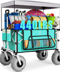 Beach Wagon With Balloon Wheels For Sand, Extra Large 200L Cargo Cart With Canopy shown loaded, light blue, 9 inch tires.