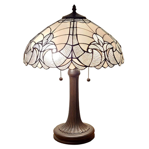 Tiffany Style Table Lamp With Floral Banker Design, Stained Glass White And Gray, Vintage Elegant Nightstand Lamp for living room
