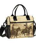 Desert Cowboy Insulated Lunch Bag, Reusable Tote Cooler with shoulder strap and side pockets featuring cowboy print.