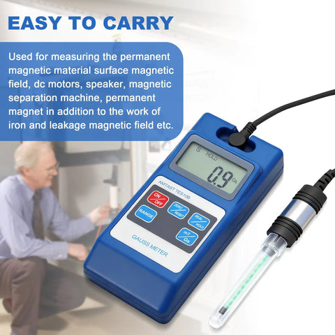 Digital Tesla Gauss Meter 0 to 2000mT DC Magnetic Field Tester With TES10B showing 0.9 reading