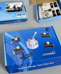 Blue JWGJW Quick Change Tool Post Set box opened to reveal tool post, holders, bolts and Allen keys