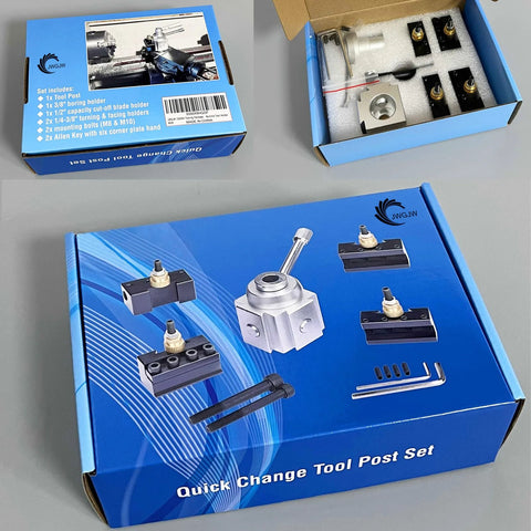 Blue JWGJW Quick Change Tool Post Set box opened to reveal tool post, holders, bolts and Allen keys