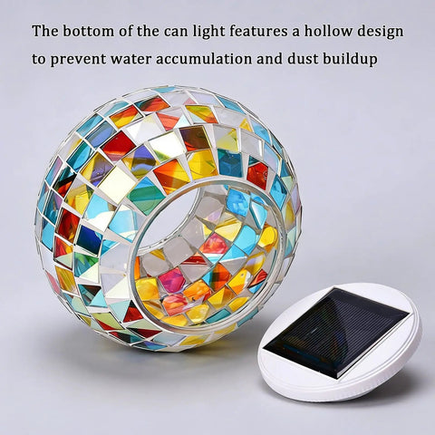 Mosaic solar globe lamp with color changing glass, auto on/off feature, next to its solar panel for outdoor and indoor decor.