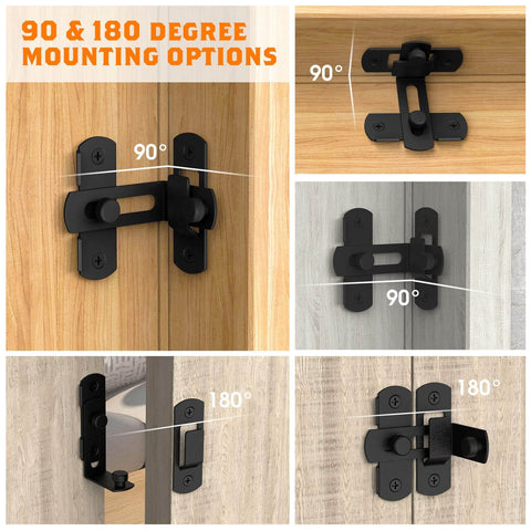 Two Pack 90 Degree Barn Door Lock Latches Matte Black Stainless Steel Security Flip Gate Latches for sliding doors with 180-degree option.