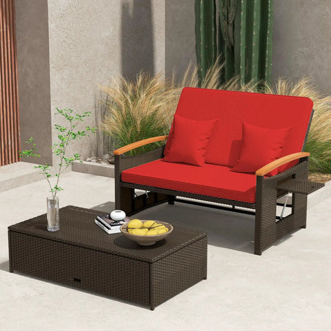Patio Rattan Daybed With Four Level Adjustable Backrest And Handy Storage Ottoman Outdoor Wicker Loveseat With Red Cushions