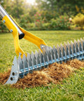 Easy Lawn Thatch Rake For Moss And Dead Grass Dual Action Dethatcher And Scarifier Tool in use on a green lawn