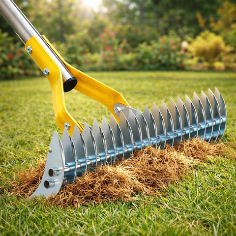 Easy Lawn Thatch Rake For Moss And Dead Grass Dual Action Dethatcher And Scarifier Tool in use on a green lawn