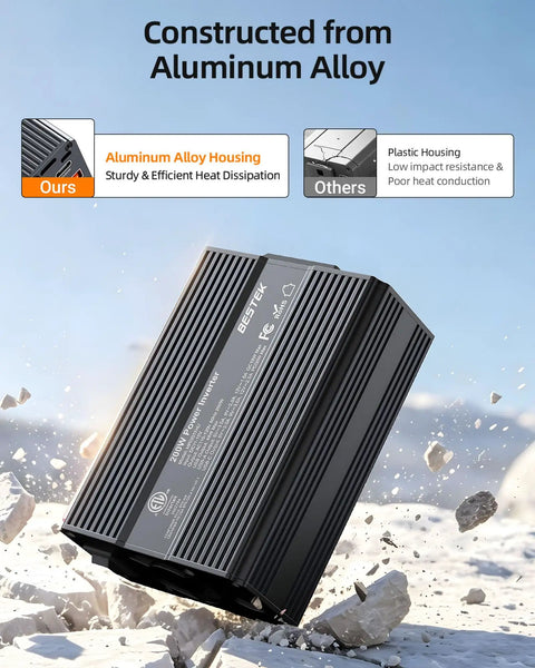 Heavy Duty 200W Car Power Inverter 12V To 120V AC with aluminum alloy housing on rocky background for durability.