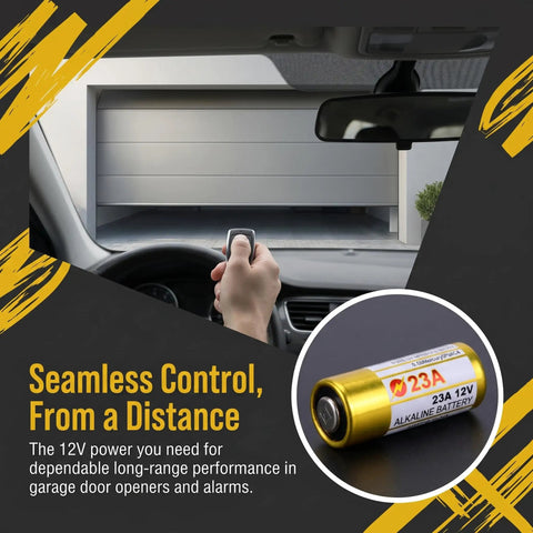 Heavy Duty 23A 12V Alkaline Batteries 5 Pack Runs Forever For Garage Door Openers And Remote Controls in use with a remote and garage door.
