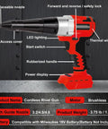 Cordless Rivet Gun For 18V Batteries Brushless Blind Riveter Kit, shown with labels highlighting features like LED lighting.