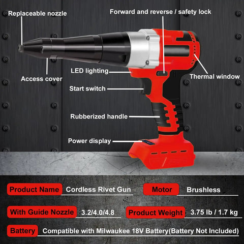 Cordless Rivet Gun For 18V Batteries Brushless Blind Riveter Kit, shown with labels highlighting features like LED lighting.