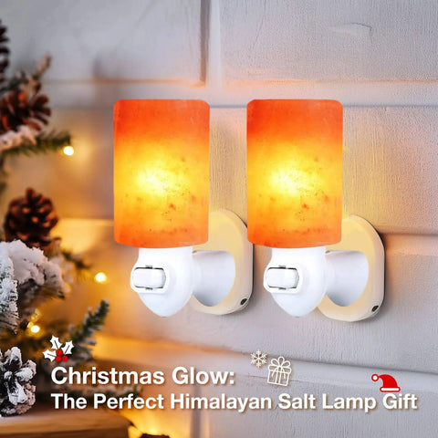 Himalayan Salt Lamp 2 Pack Plug In Night Light with 360 Degree Adjustable Wall Plug, glowing on wall, Christmas theme