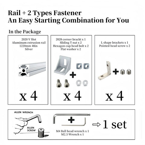 4 Pack 48 Inch V Slot Aluminum Extrusion Profile Heavy Duty Linear Rail Frame Silver Anodized European Standard Kit components list