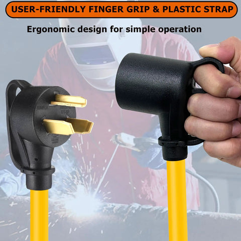 NEMA 10-30P To 6-50R Welding Machine Adapter Cable for Dryer to Welder Socket, 30 Amp to 50 Amp, ergonomic grip detail, 1 ft