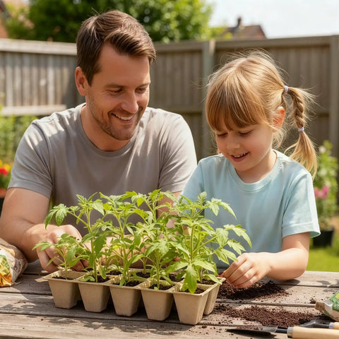 Father and daughter using 120 Cell Seed Starter Tray Kit with germination peat pots outdoors