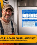 Two Pack Vessel Placards Set 5 By 10 Inch Must Have Marine Regulatory Compliance Stickers displayed on a vessel wall, near a crew member.