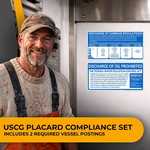Two Pack Vessel Placards Set 5 By 10 Inch Must Have Marine Regulatory Compliance Stickers displayed on a vessel wall, near a crew member.