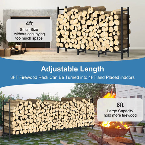 Image showing 8Ft Firewood Rack With Cover For Outdoor Wood Storage Heavy Duty Beefy Steel Construction used in different settings.