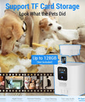 Smart Automatic Cat And Dog Feeder With 2K Camera And Night Vision, 5G Wifi App Control, showing pets and feeder with TF card storage.