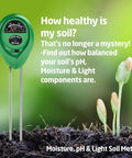 3 In 1 Soil Moisture PH Light Meter For Indoor Outdoor Use No Battery Needed Hygrometer Water Meter Quick Read For Potted Plants Trees Lawns Gardens Farm displayed in garden soil