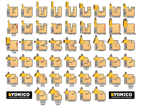 50 Piece Router Bit Set With 1/4 Inch Shank For Edge Profiles And General Routing displayed with diverse router bit shapes