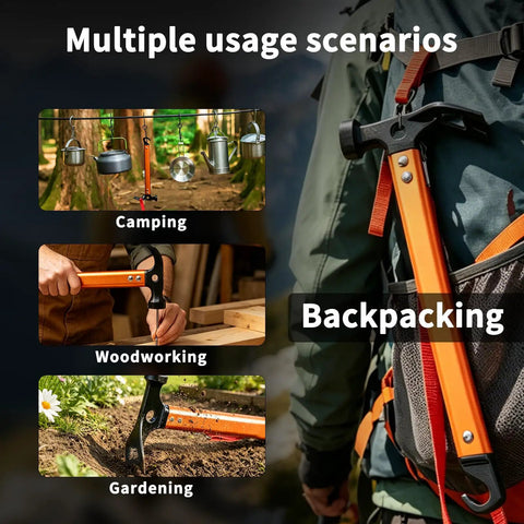 Ultra Lightweight 12 Inch Camping Hammer Multitool with three in one design for hiking and camping displayed in various uses.