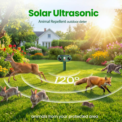 Solar Powered Ultrasonic Animal Deterrent With Motion Sensor For Outdoor Yard Garden Lawn Real Deal Protection Against Deer Squirrels Cats Raccoons Rabbits And Dogs, green ABS unit