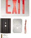 Low Energy 2W LED Exit Sign in silver aluminum finish with red letters, mounting kit, and wiring on white background