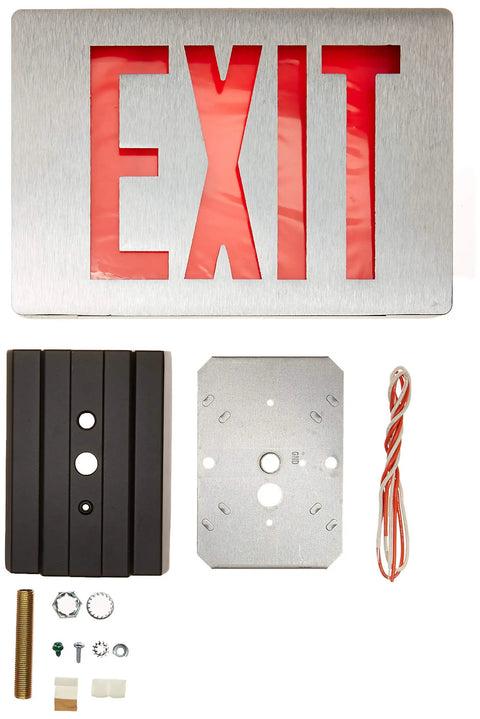 Low Energy 2W LED Exit Sign in silver aluminum finish with red letters, mounting kit, and wiring on white background