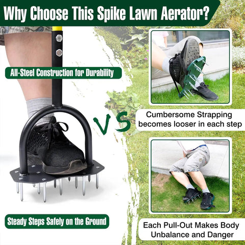 Comparison between 36 Inch Spike Lawn Aerator Tool and foot strap aerator, highlighting stability and back-friendly design.
