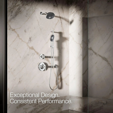 Bathroom view of Statement Oblong Three Function Handshower With Soak And Restore Mode Katalyst Air Induction Tech in chrome.