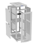 Heavy Duty 42U Server Cabinet With Smooth Rolling Casters Locking Door LCD Screen Cooling Fans Smart Thermo System Plug And Play Powerbar Top Shelf Adjustable Mounting Rails Badass Setup For Rack Hardware 24 X 35 X 84 Inches open view with doors and shelves.