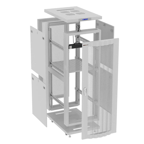 Heavy Duty 42U Server Cabinet With Smooth Rolling Casters Locking Door LCD Screen Cooling Fans Smart Thermo System Plug And Play Powerbar Top Shelf Adjustable Mounting Rails Badass Setup For Rack Hardware 24 X 35 X 84 Inches open view with doors and shelves.