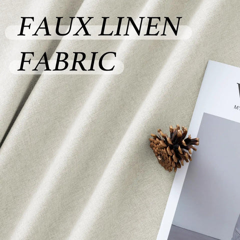 Soft Faux Linen Curtains 63 Inch Long, Two Panels, Cozy Light Filtering Grommet Window Treatments For Living Room, Nursery And Bedroom, 52W By 63L, Privacy Plus Light Block, Thermal Help, Heather Ivory with close-up view of fabric texture and pine cone.