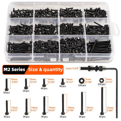 M2 Metric Hex Socket Head Cap Screw Kit With Nuts And Washers, 960 Pieces, Black Alloy Steel Fasteners in storage case.