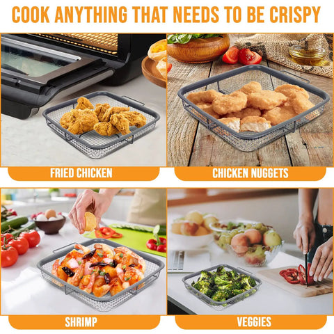 Air Fryer Crisping Basket And Tray Set with chicken, shrimp, veggies; for healthier frying, copper finish, 9x10 inches.